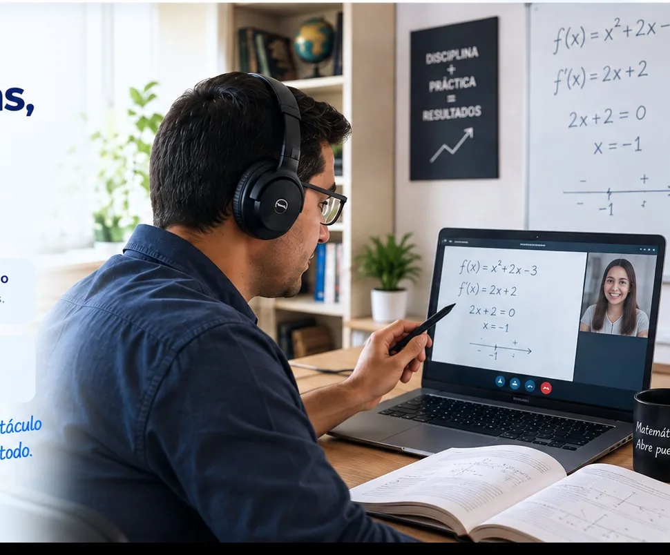 Saul impartiendo una clase individual de matemáticas online frente al ordenador